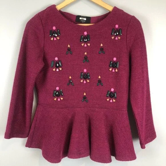 Anthropologie Dolce Vita Burgundy Beaded Gem Drop Peplum Sweater S - Picture 2 of 8